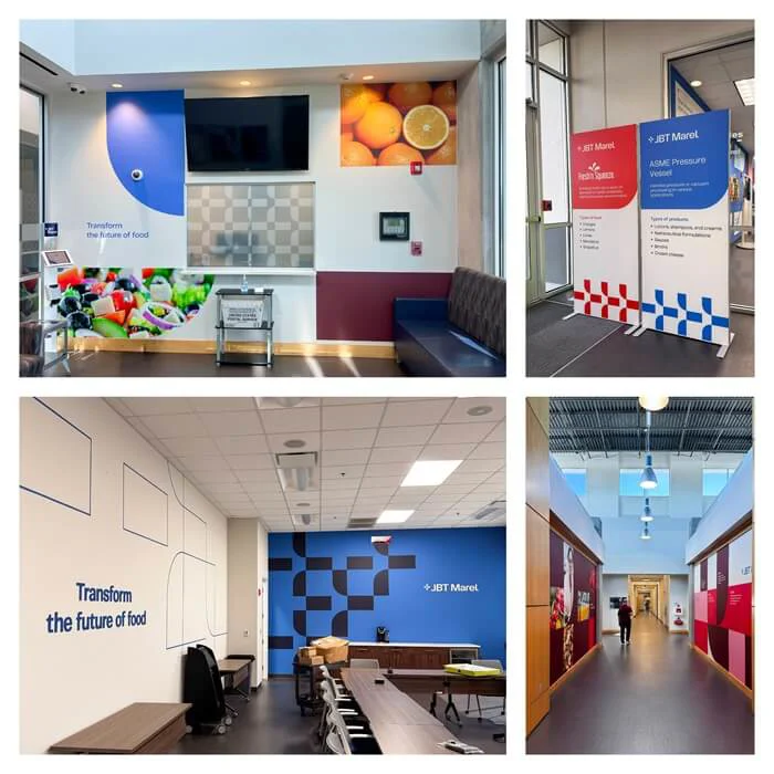 A collage of the wall graphics and murals, as well as banners and banner stands around the factory and office.